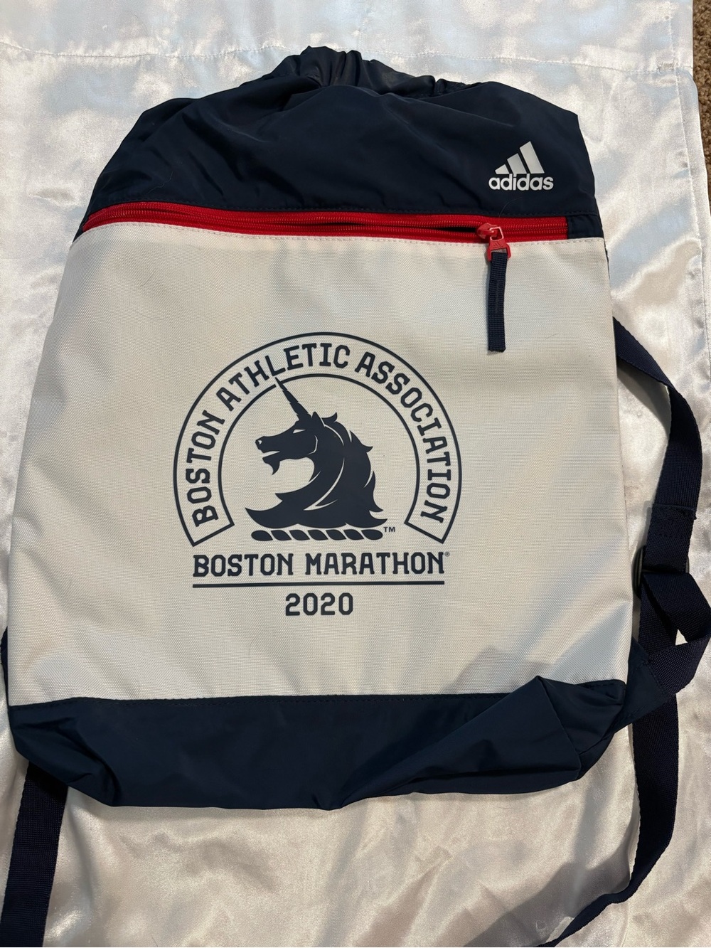 Adidas Boston Marathon 2020 Drawstring Backpack Gym Bag Navy White Red